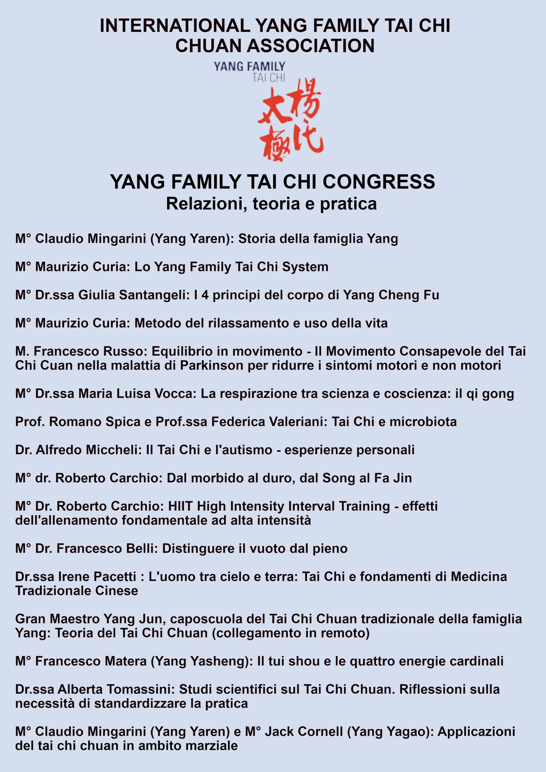 Locandina pagina 2 - Yang Family Tai Chi - Congresso Schio 2026 - Elenco relatori